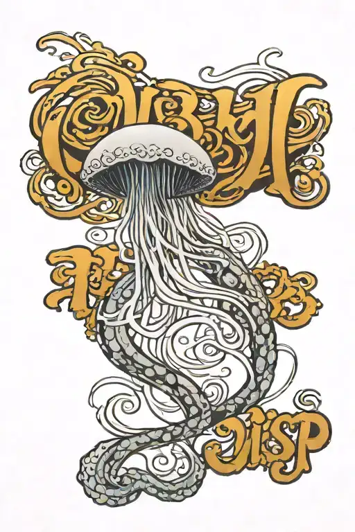 The word "Wisp" in cursive, with a jellyfish on the side tattoo design idea