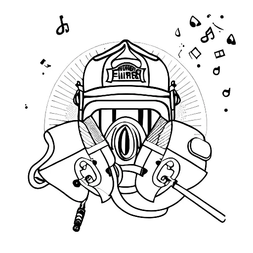 guitar, firefighter helmet, flower  tattoo design idea