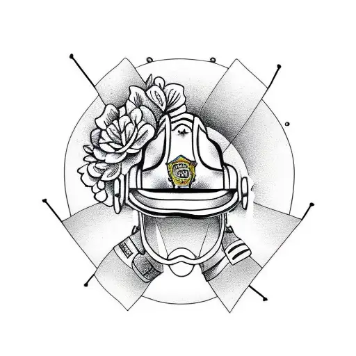 acoustic guitar, firefighter helmet, flower  tattoo design idea