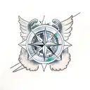 A compass on a d20 dice with wings tattoo design idea