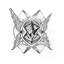 A compass on a d20 dice with wings tattoo design idea