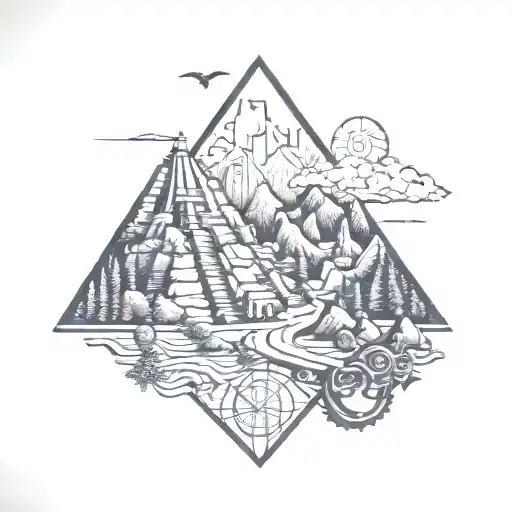 Travel Inspired tattoo incorporating macchu piccu, death road mountain biking, christ the redeemer, bull run, collosseum tattoo design idea