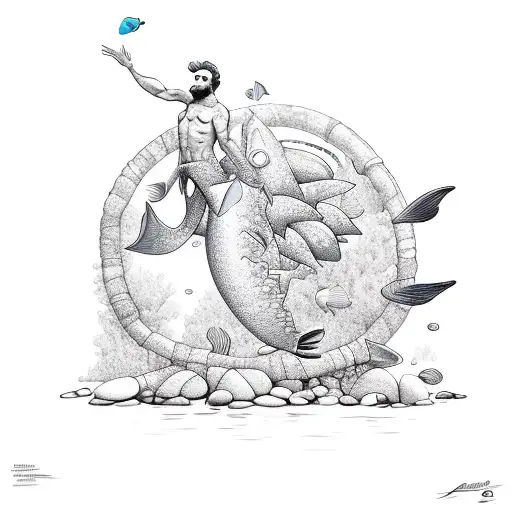 A merman sitting on a rock in scuba gea, surrounded by colorful fish and coral.  tattoo design idea