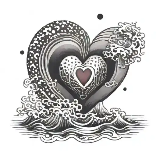 A heart shaped like a curling stone surrounded by waves of the sea tattoo design idea