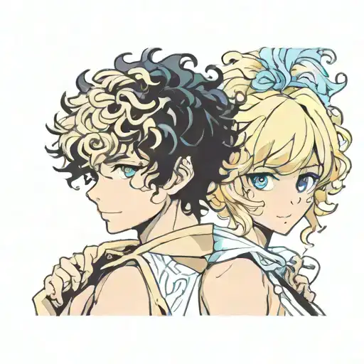 black curly haired hispanic boy and a blonde short haired girl with blue eyes tattoo design idea