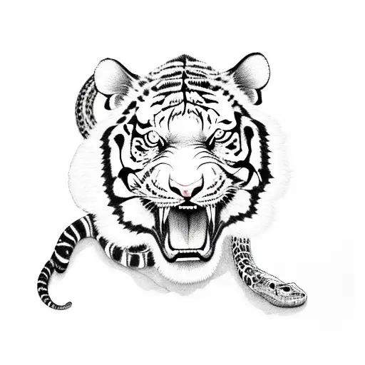 tiger and alligator with flowers and a snake in between tattoo design idea