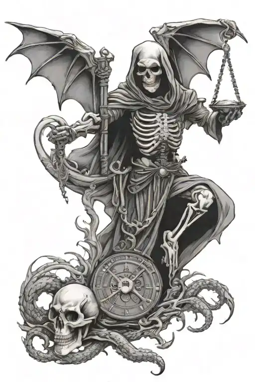 skeleton reaper holding scales surrounded by dragon tattoo design idea