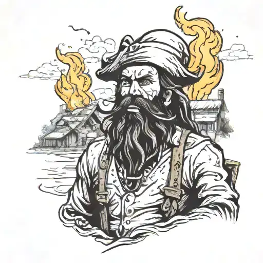 Blackbeard walking into village with burning beard and hair tattoo design idea