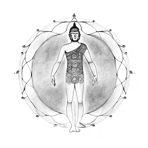 buddha pose in style of vitruvian man with dancing muse tattoo design idea