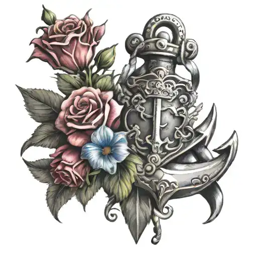 anchor with flowers and sword and shield tattoo design idea