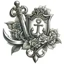anchor with flowers and sword and shield tattoo design idea