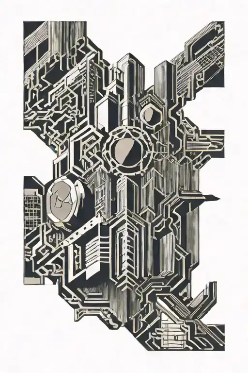 Metropolis and general electric building head surrounded tattoo design idea