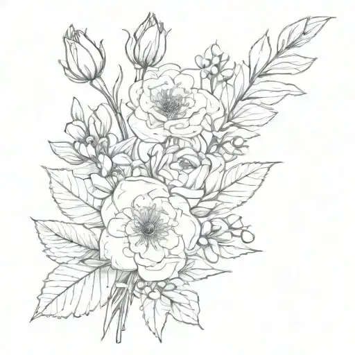 birth flower bouquet April, September, August, march, December with stem tattoo design idea