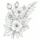 birth flower bouquet April, September, August, march, December with stem tattoo design idea
