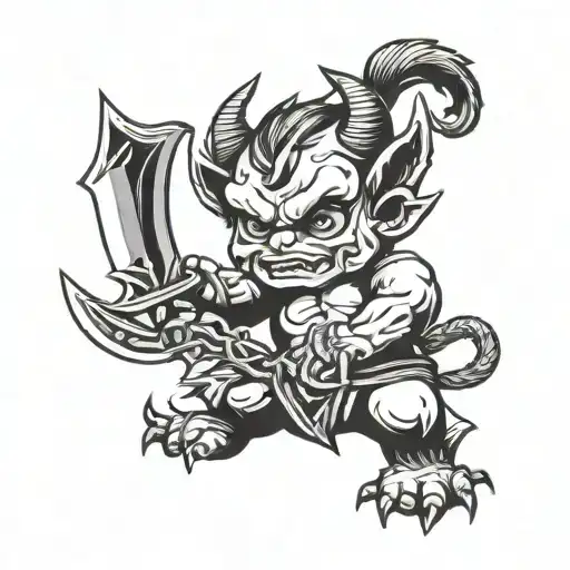 baby devil in fighting stance holding sword tattoo design idea