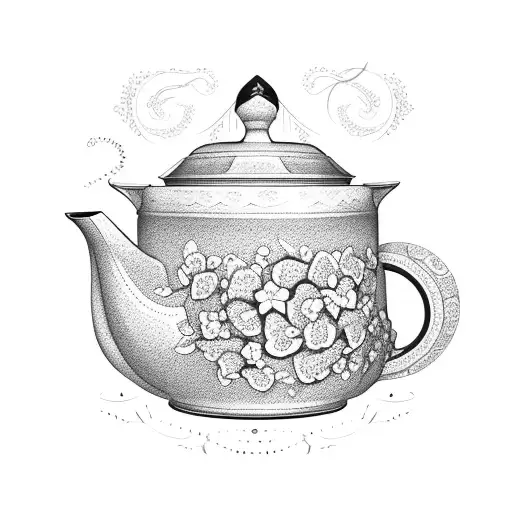 traditional teapot with elegant curves, adorned with jasmine flowers delicately cascading around it tattoo design idea