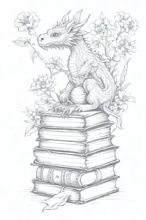 stacked books surrounded by wildflowers growing and a baby dragon intertwined tattoo design idea