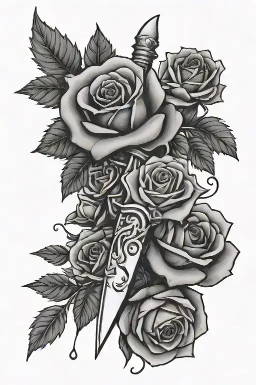 dagger and roses growing tattoo design idea