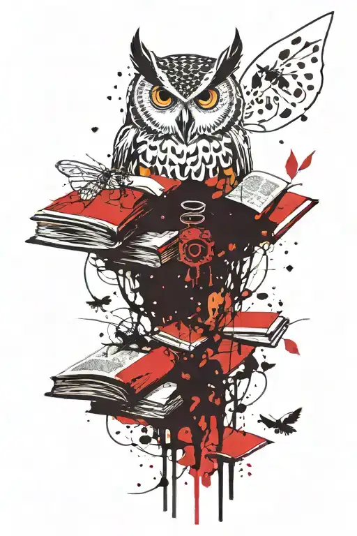 owl, bees, books tattoo design idea
