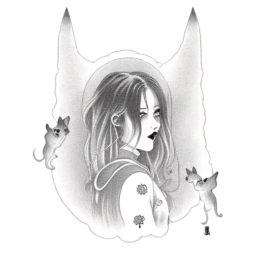 A vampire's girl with a pet dog in a mystical Australian landscape tattoo design idea
