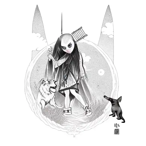 A vampire's girl with a pet dog in a mystical Australian landscape tattoo design idea