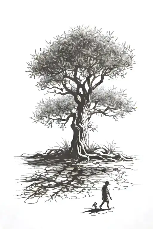 olive tree daughter shadow walking tattoo design idea