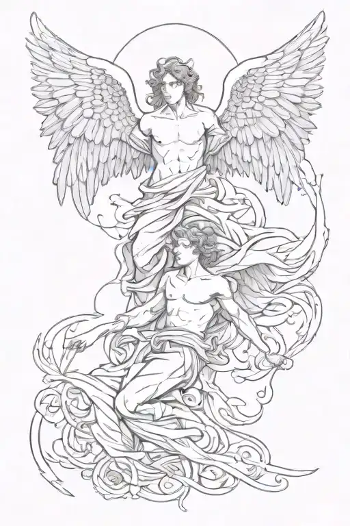 Two male angels flying tattoo design idea