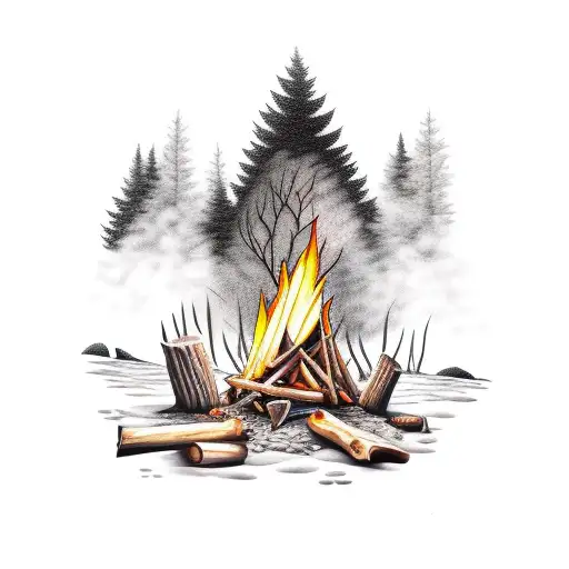 outback forest camping fire pit and wolf tattoo design idea