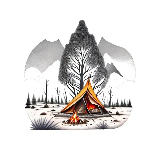 outback forest camping fire and swagman tattoo design idea