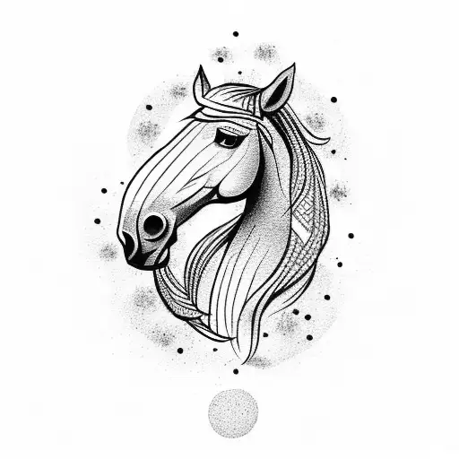 A dotwork tattoo of a powerful horse galloping under Argentina's sun, with a tribal pattern incorporated into the mane tattoo design idea