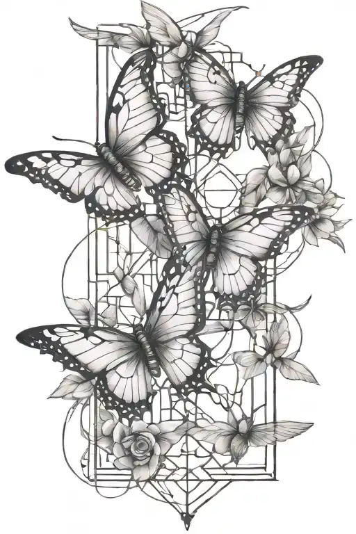 A geometric interpretation of a barb wire butterfly with hummingbirds perched on the edges tattoo design idea
