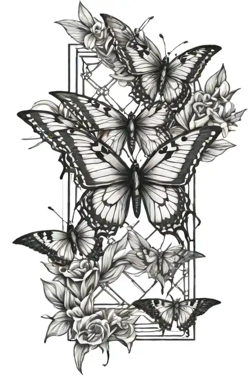 A geometric interpretation of a barb wire butterfly with hummingbirds perched on the edges tattoo design idea