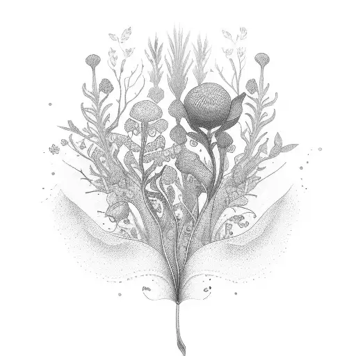 A stack of books with intricate botanical illustrations growing out from between the pages tattoo design idea