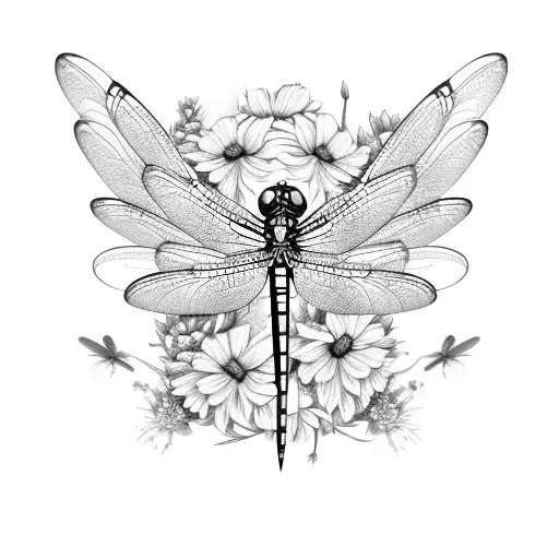 A majestic dragonfly with delicate wings, hovering over a field of blooming flowers tattoo design idea