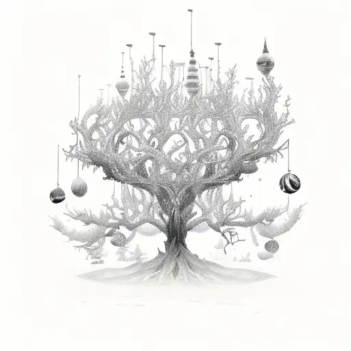 A whimsical tree with branches shaped like open books, each one featuring a different fantasy scene tattoo design idea