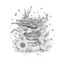 A stack of books with intricate botanical illustrations growing out from between the pages tattoo design idea
