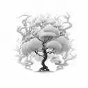 A whimsical tree with branches shaped like open books, each one featuring a different fantasy scene tattoo design idea