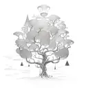 A whimsical tree with branches shaped like open books, each one featuring a different fantasy scene tattoo design idea