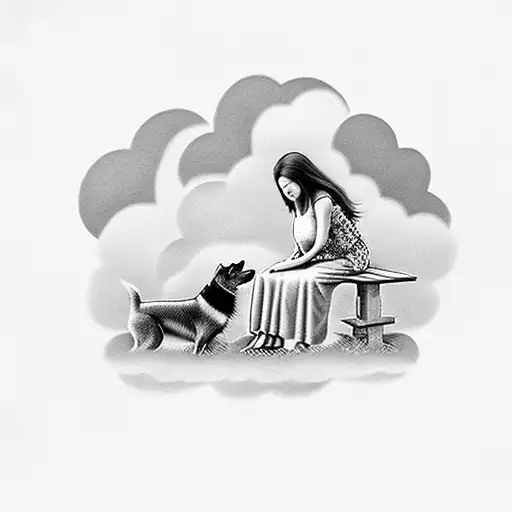 woman and dog sitting on a bench under an oak tree on top of clouds with heavens gates in the distance tattoo design idea
