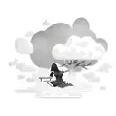woman sitting on a bench under an oak tree reading a book on top of clouds with heavens gates in the distance tattoo design idea