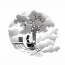 woman sitting on a bench under an oak tree reading a book on top of clouds with heavens gates in the distance tattoo design idea