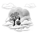 woman sitting on a bench under an oak tree reading a book on top of clouds with heavens gates in the distance tattoo design idea