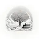 woman sitting on a bench under an oak tree reading a book on top of clouds with heavens gates in the distance tattoo design idea