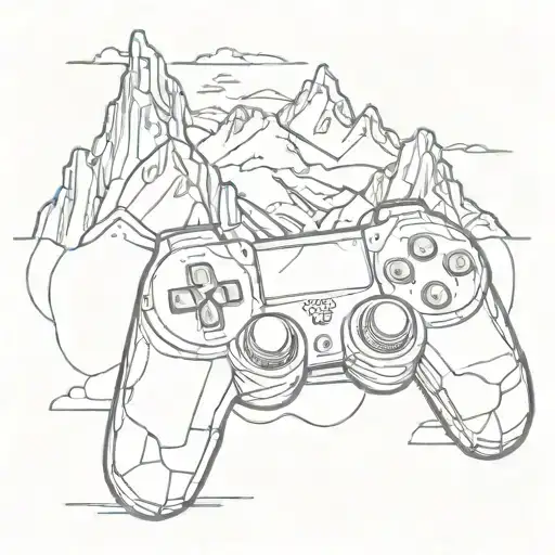 A sketch style tattoo of a video game controller morphing into a majestic mountain range tattoo design idea