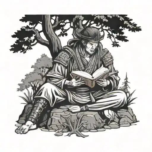 A detailed blackwork tattoo of a samurai warrior reading a book in a tranquil forest setting tattoo design idea