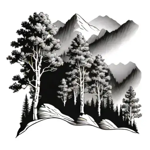 2 aspen trees growing off the side of a mountain landscape, Colorado themed  tattoo design idea