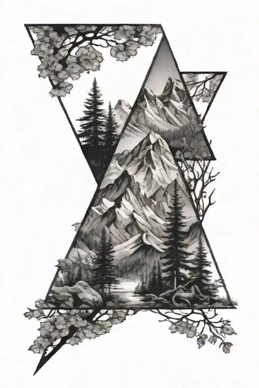 diamond shaped tattoo with two aspen tree on the outside growing, inside the triangle, a mountain scene  tattoo design idea