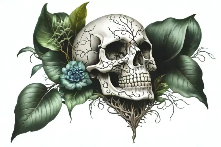 skull with one eye crying in foliage  tattoo design idea