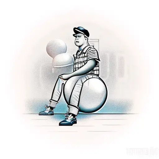 A new-school tattoo of a factory worker with a bowling ball and pins in the background tattoo design idea