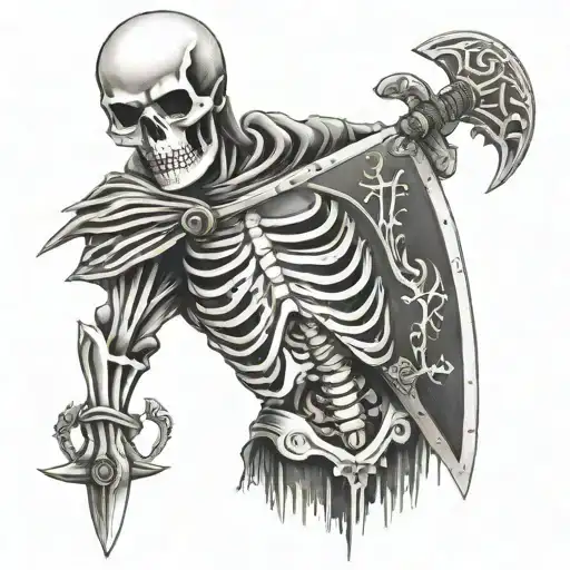 whole body skeleton warrior with shield and sword  tattoo design idea